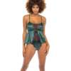 Cammi Eyelash & Satin Cami w/Tanga Panty Dark Green/Black L/XL