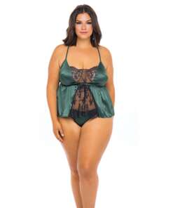 Cammi Eyelash & Satin Cami w/Tanga Panty Dark Green/Black 1X/2X