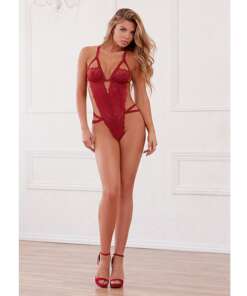 Stretch Lace Teddy w/Open Crotch, Criss Cross Adjustable Straps & G-String Garnet O/S