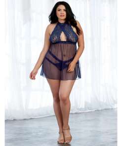 Sheer Mesh & Lace Halter Babydoll w/Panty Midnight QN