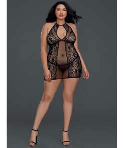 Sheer Lace Chemise w/G-String Black QN
