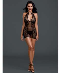 Sheer Lace Chemise w/G-String Black O/S