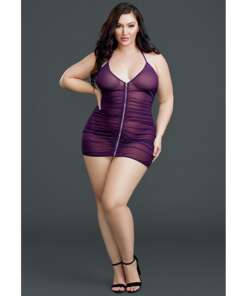 Ruched Sheer Front Zipper Chemise w/G-String Plum QN