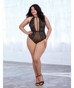 Stretch Lace & Patterned Mesh Teddy Black QN