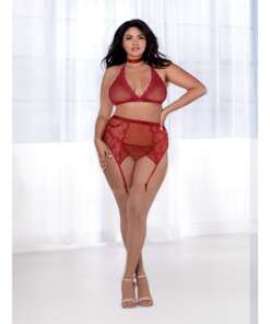 Fishnet & Lace Bralette, Garterbelt, G-String & Choker Garnet QN