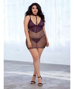 Stretch Galloon Lace & Fishnet Collared Chemise w/G-String Eggplant QN