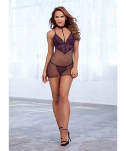 Stretch Galloon Lace & Fishnet Collared Chemise w/G-String Eggplant O/S