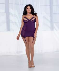 Microfiber & Mesh Garter Slip Plum QN