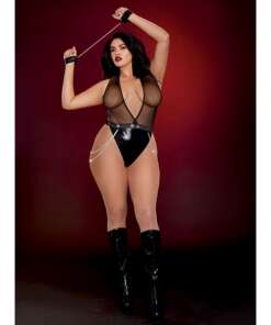 Fetish Stretch Fishnet Halter Teddy & Chain Wrist Restraints Black QN