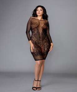 Seamless Fishnet & Lace Versatile Chemise Black QN