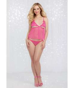 Valentines Stretch Lace & Mesh Retro Babydoll w/Strappy Back Panty Fuchsia O/S