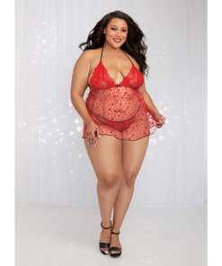 Valentines Flocked Heart Mesh Babydoll & G-String Rouge QN