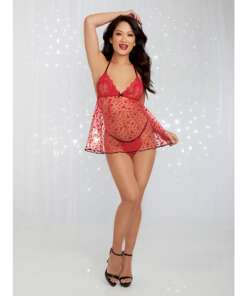Valentines Flocked Heart Mesh Babydoll & G-String Rouge O/S