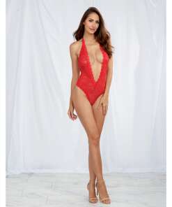Halter Stretch Lace Teddy w/Plunging Neckline, Halter Ties & Heart Cut Out on Back Red O/S