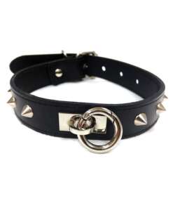 Rouge Leather O Ring Studded Collar - Black