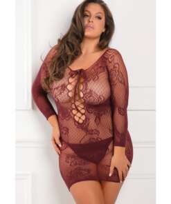 Rene Rofe Tie Breaker Long Sleeve Dress Burgundy 1X-3X