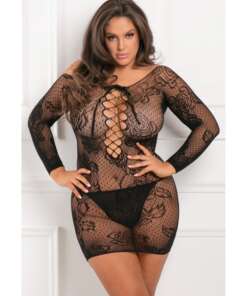 Rene Rofe Tie Breaker Long Sleeve Dress Black 1X-3X