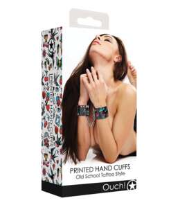 Shots Ouch Old School Tattoo Style Printed Hand Cuffs- Black