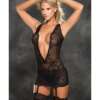 Stretch Lace Patterned Gartered Chemise & G-String Black SM