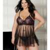 Floral & Sheer Pleated Babydoll Black/Rose 1X