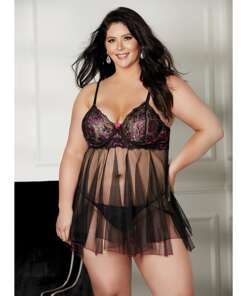 Floral & Sheer Pleated Babydoll Black/Rose 2X