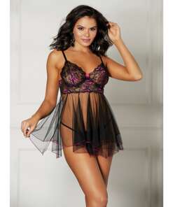 Floral & Sheer Pleated Babydoll Black/Rose LG