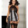 Lace Halter Neck & Snake Skin Print Gartered Chemise Black LG