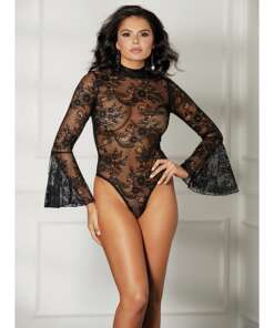 Sheer Floral Bell Sleeved Teddy Black SM