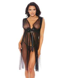 Sheer Tie Front Long Gown Black XL