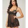 Eyelash Galloon Lace & Mesh Babydoll & Thong Black MD