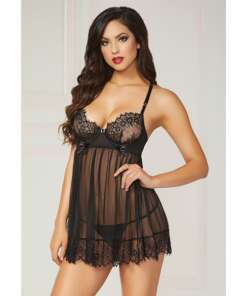 Eyelash Galloon Lace & Mesh Babydoll & Thong Black XL
