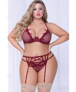 Netting Bra w/Lace Applique, Strappy Garterbelt & Thong Wine 1X/2X