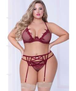Netting Bra w/Lace Applique, Strappy Garterbelt & Thong Wine 3X/4X