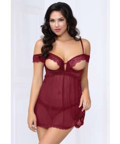 Lace & Mesh Open Cups Babydoll w/Fly Away Back & Panty Wine MD