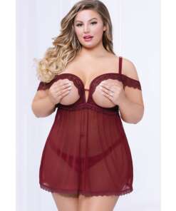Lace & Mesh Open Cups Babydoll w/Fly Away Back & Panty Wine 1X/2X