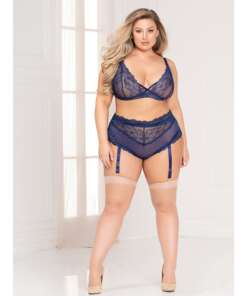 Lace Bralette & High Waist Panty w/Removable Garters Blue 3X/4X