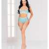 Floral Lace Underwire Quarter Cup Bra & High Waist Panty w/Attached Garters Blue LG