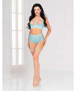 Floral Lace Underwire Quarter Cup Bra & High Waist Panty w/Attached Garters Blue XL