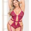 Floral Lace, Open Crotch Teddy w/Removable Garters Wine QN