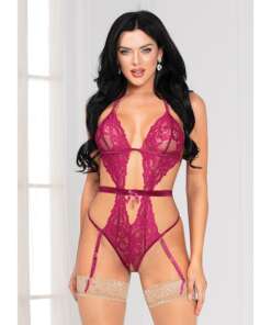 Floral Lace, Open Crotch Teddy w/Removable Garters Wine O/S