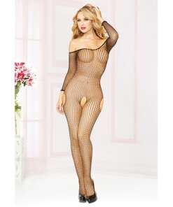 Seamless Fishnet Long Sleeve Off the Shoulder Open Crotch Bodystocking Black O/S