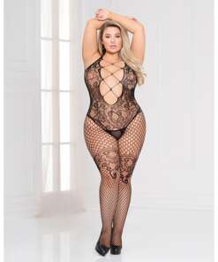 Seamless Floral & Net Pattern Open Crotch Bodystocking Black QN