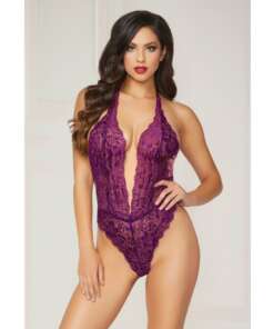 Floral Lace Teddy w/Halter Satin Ribbon Ties & Snap Crotch Purple O/S