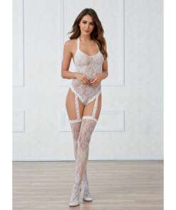 Lace Teddy Bodystocking w/Pearl Back & Attached Garters & Thigh High Stockings White O/S