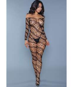Web Fishnet Detail, Solid Slanted Stripes, Mid Arm Length Full Bodystocking Black QN