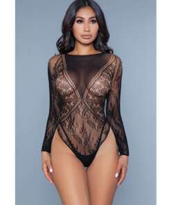Heart Shaped Detail w/Floral Lace Bottom Sleeves Bodysuit Black O/S