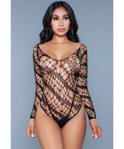 Web Fishnet Detail, Solid Slanted Stripes & Mid Arm Length Bodysuit Black O/S