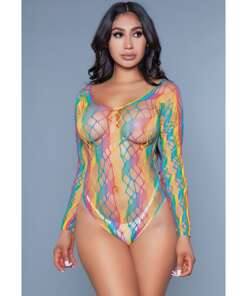 Web Fishnet Detail, Solid Slanted Stripes & Mid Arm Length Bodysuit Rainbow O/S