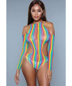 Cut out Detail Bodysuit w/Mesh Detail & Thong Cut Bottom Rainbow O/S
