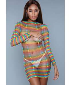 Mid Thigh Length Bodystocking, Long Sleeve w/Multiple Cutout Detail Rainbow O/S